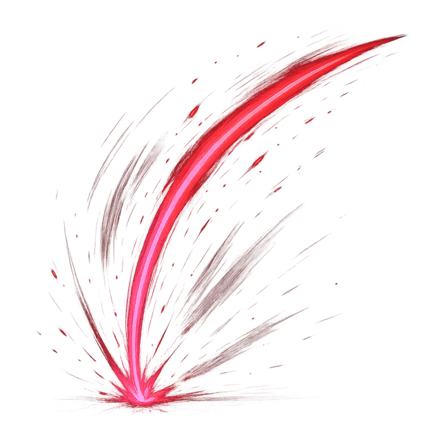 Front view of a horror-themed attack animation frame featuring a dynamic slash trail with motion blur and bright neon energy sparks, rendered in a realistic style.