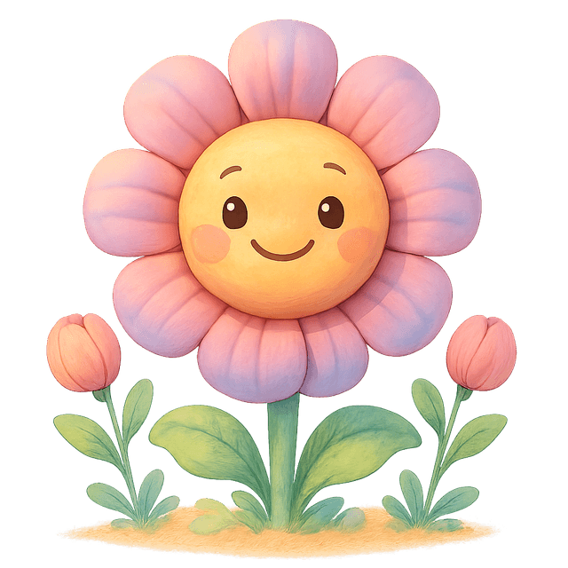 Realistic pastel flower character NPC—large smiling bloom centered with vibrant petals, flanked by two smaller flowers; warm, cheerful composition, front view.