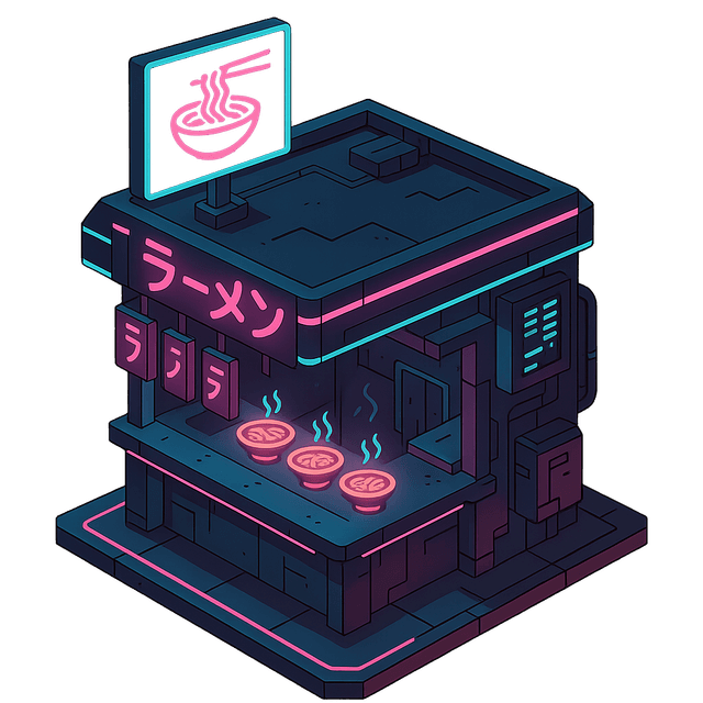 Isometric view of a cyberpunk ramen vendor stall with glowing holographic signs and neon-lit bowls, rendered in a cel-shaded style.