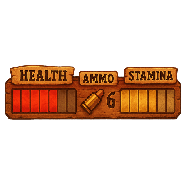 A front-facing status bar with a rugged, weathered appearance, showing health, ammo, and stamina indicators. Designed in a hand-painted style with warm, vibrant tones, it evokes a classic western aesthetic with wood textures and aged metal accents.